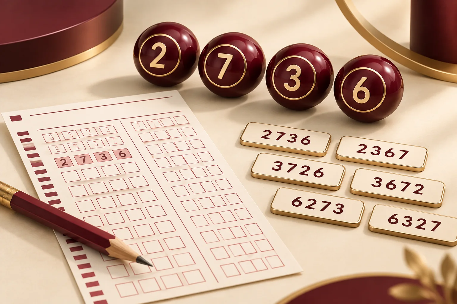 Illustration of an entry slip, pencil and number tiles explaining lottery formats