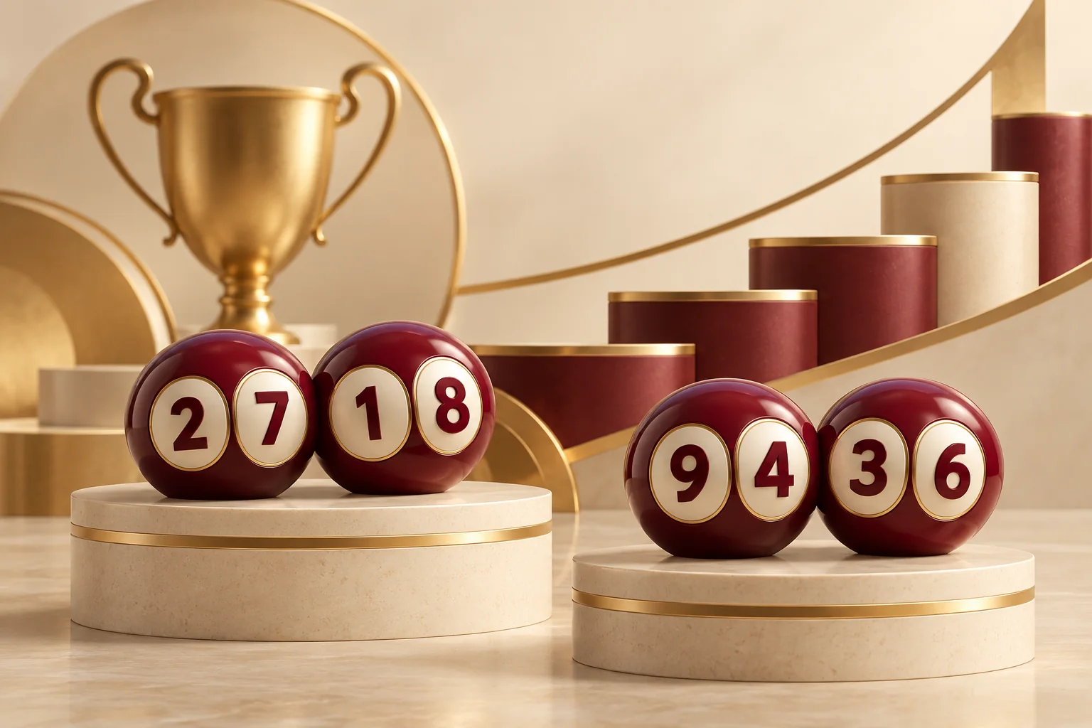 Illustration of numbered lottery ball pairs and gold prize-tier platforms