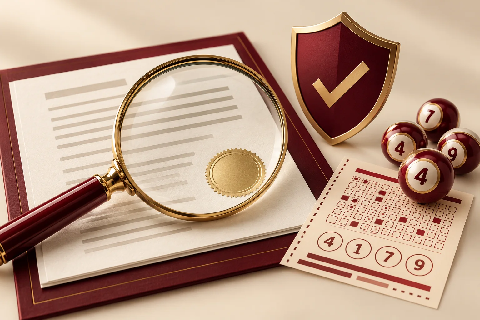 Illustration of a document, magnifying glass and shield representing credential checks