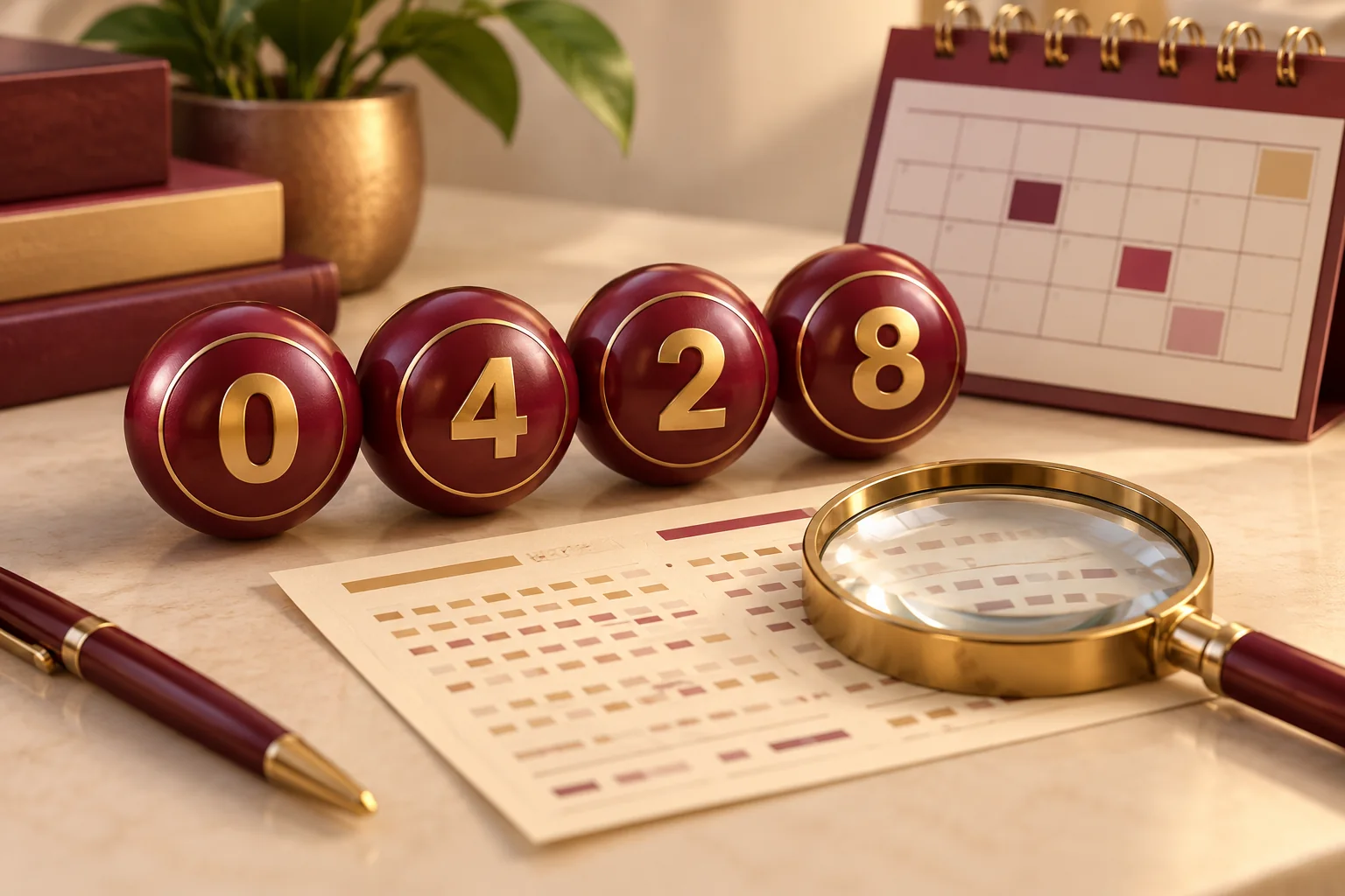 Lottery balls, ticket and magnifying glass