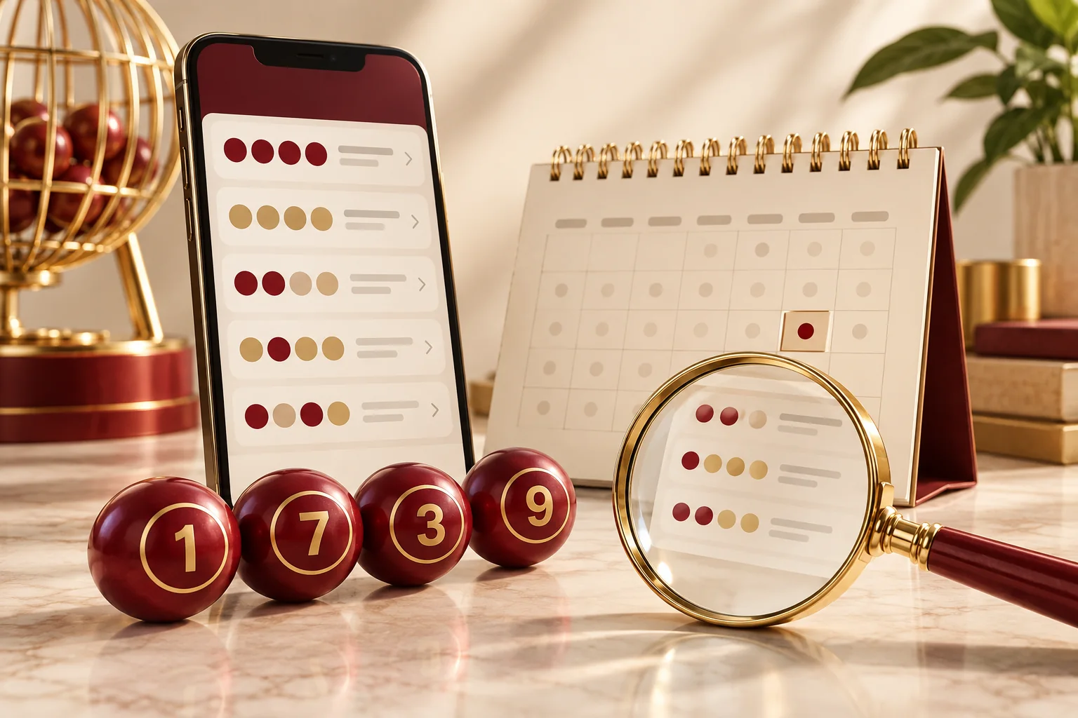 Illustration of a result-checking phone, calendar, lottery balls and magnifying glass